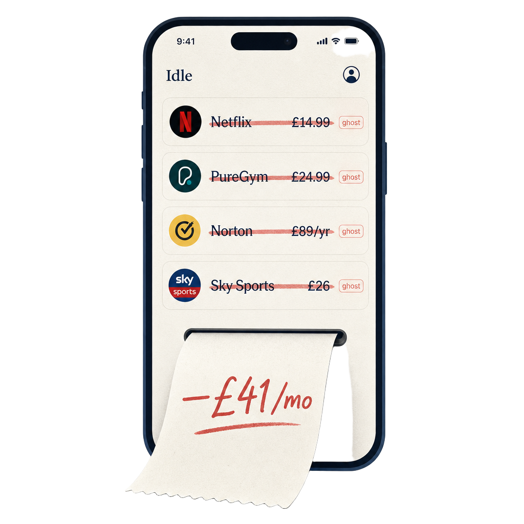 The Ghostquid app showing four ghost subscriptions crossed out, with a receipt showing minus £41 a month